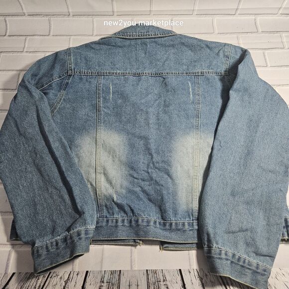 Blue  Denim Jacket With Grey detachable Hood with pockets long sleeve med denim - Picture 6 of 10